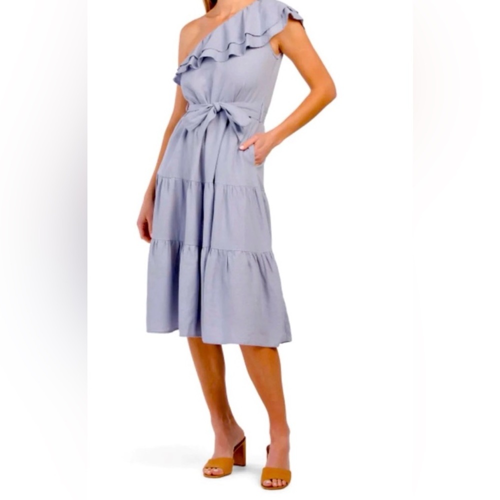 Blue One Shoulder Ruffle Midi Dress – Kentucky Derby, Tea Party, Spring Wedding